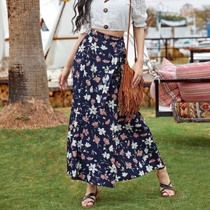 Floral printed belted wrap maxi skirt